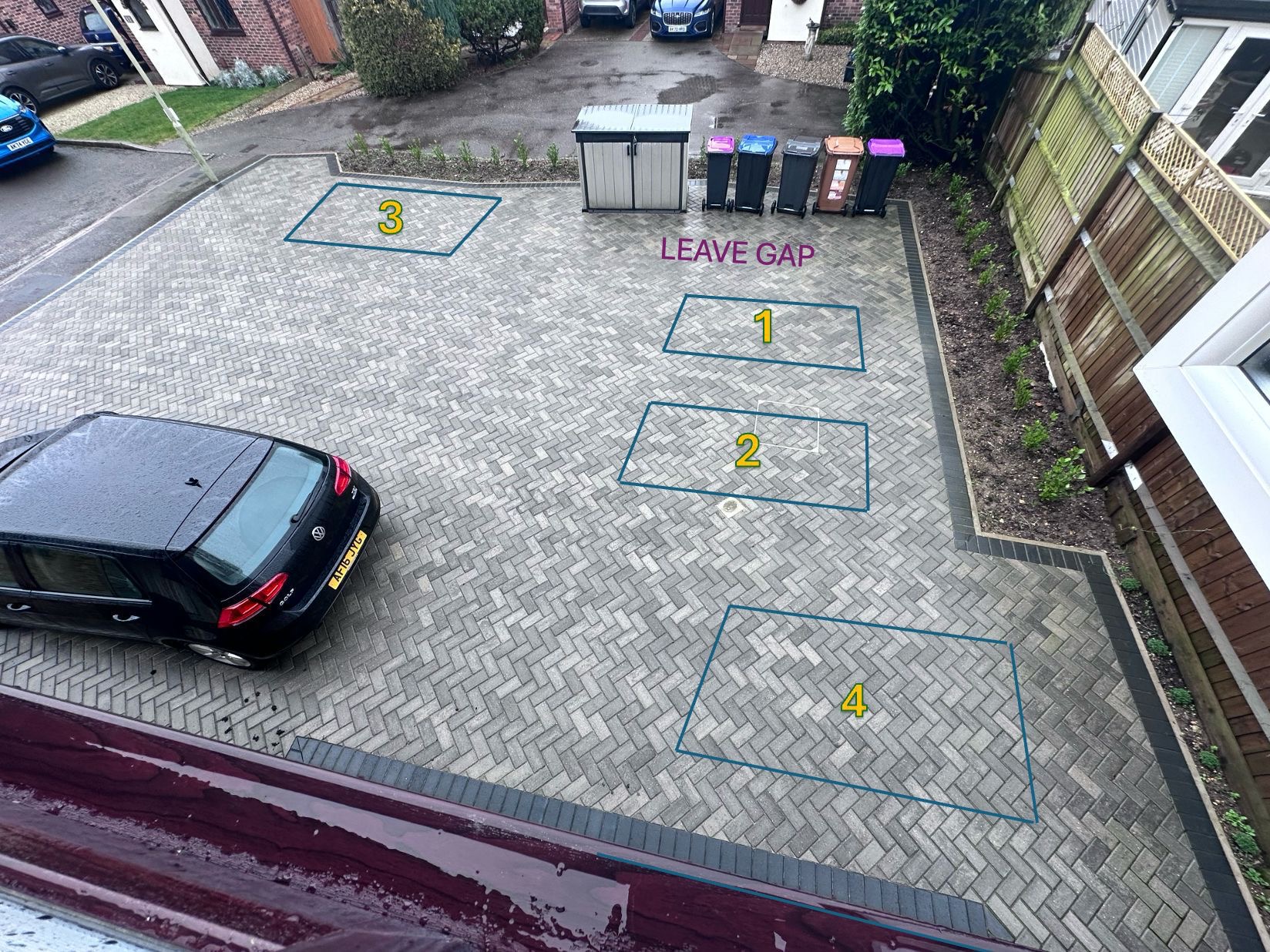 Parking bays 1–4 marked